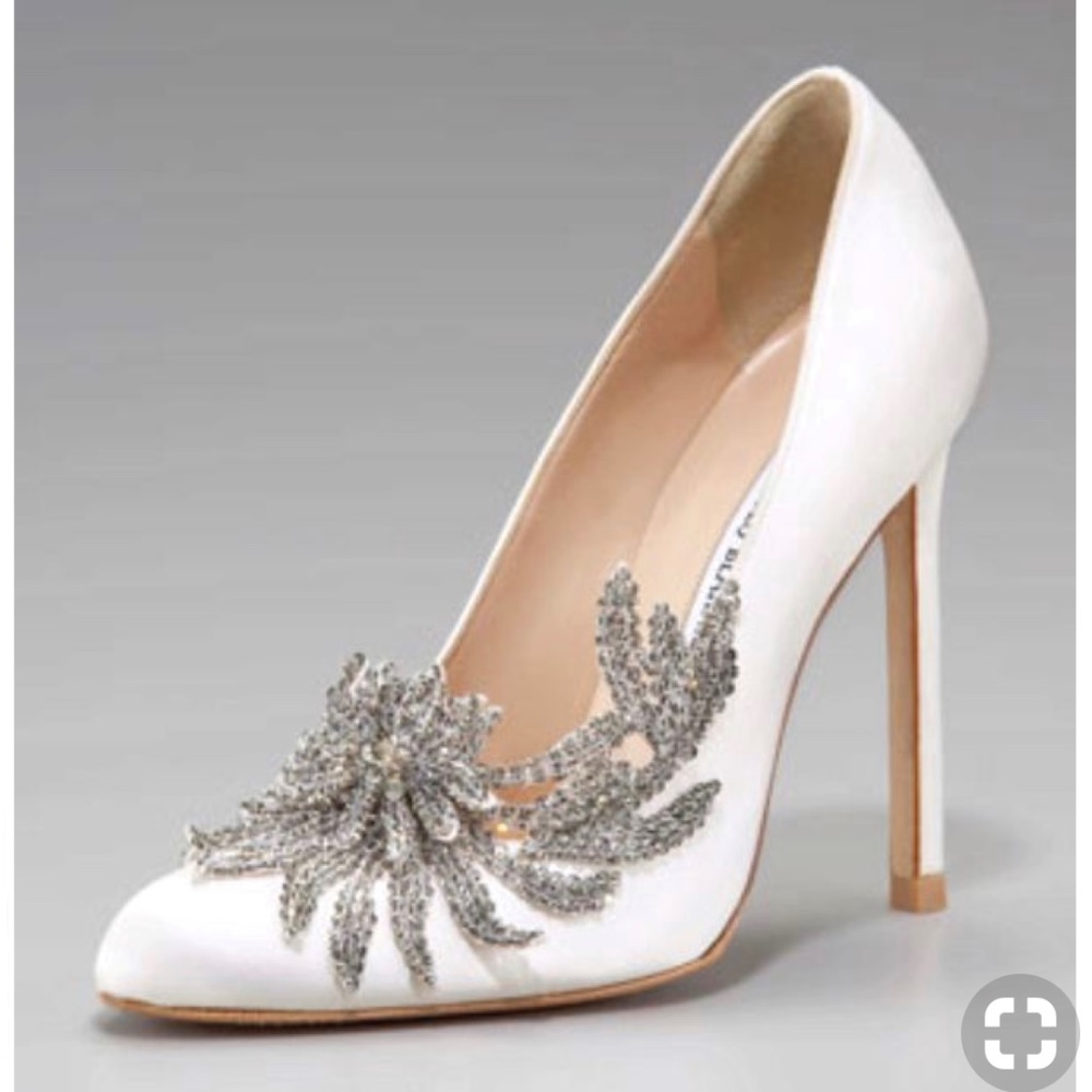 Manolo Blahnik Swan Embellished White Satin Pump